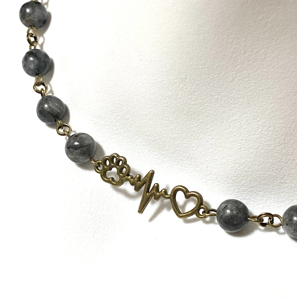 Natural Dark Larvikite Necklace, Bronze Paw Print Heart Beat + Genuine Gemstone